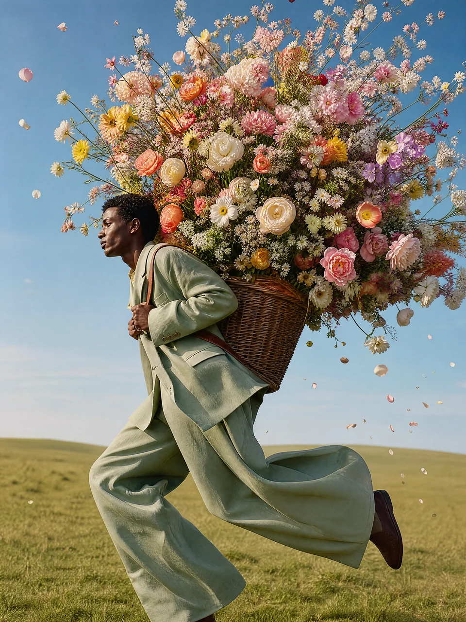 A surreal fashion editorial of a stylish model r