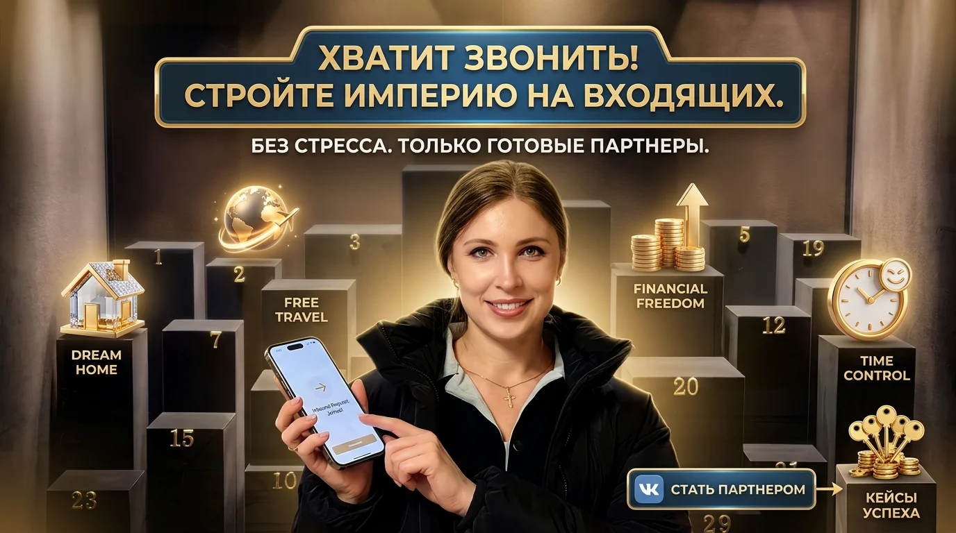 Шапка для сообщества ВК, сетевой бизнес на входящих, без стресса и постоянных звонков, интересный заголовок, чтоб люди тут же переходили к тебе в команду