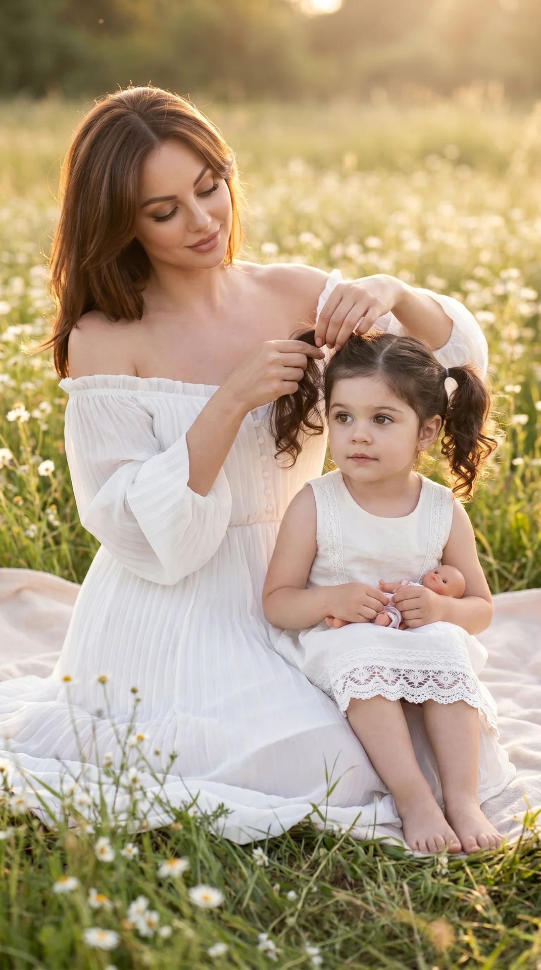 Golden-hour meadow of small white wildflowers, pro DSLR look, full-frame 85mm lens at f/1.8, medium shot, slightly low angle at grass height, 3/4 front-left view; a woman in a flowing off-shoulder white pleated dress (light chiffon, buttoned bodice) sits 