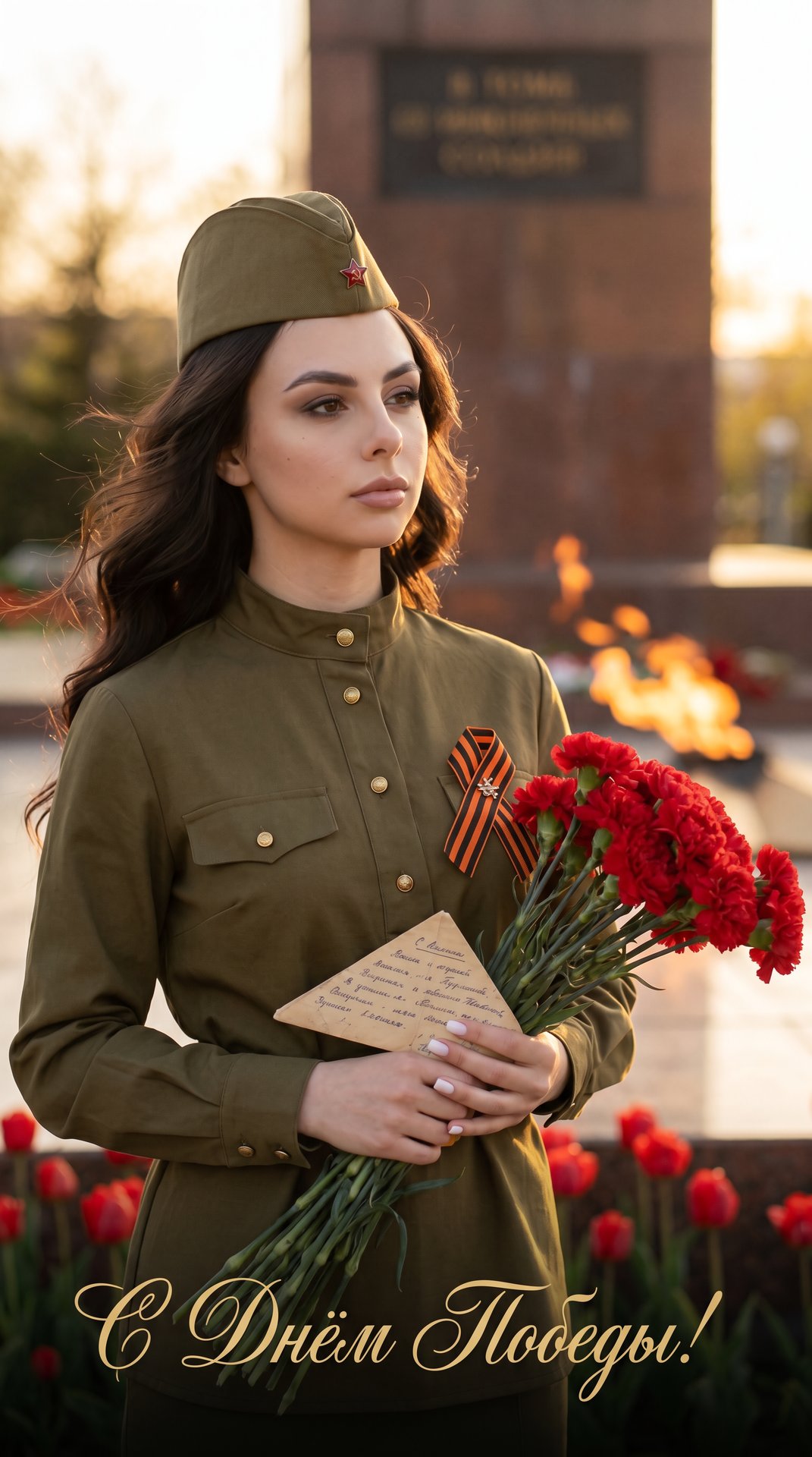 Создай портрет, не меняя черты лица. Эстетичный и атмосферный портрет женщины-военнослужащей Красной Армии времен Великой Отечественной войны, снятый в золотой час заката у мемориала Неизвестного Солдата. Женщина смотрит вдаль, влево, с выражением задумчи