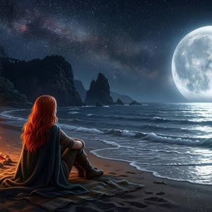 Волны океана плавно вытекают на берег , костер горит плавно переливаясь языками пламени, камера статичная, картинка сама статичная. Девушка не двигается. Звезды мерцают на небе но не исчезают. Луна тоже мерцает. Все остальное остается неподвижным