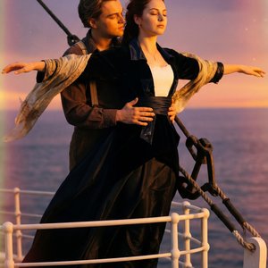 A girl is standing at the bow of a ship during sunset, posed as if embracing the wind with her eyes closed and head tilted slightly upward, exuding a serene and peaceful expression. Her arms are extended outward horizontally, parallel to the horizon, with