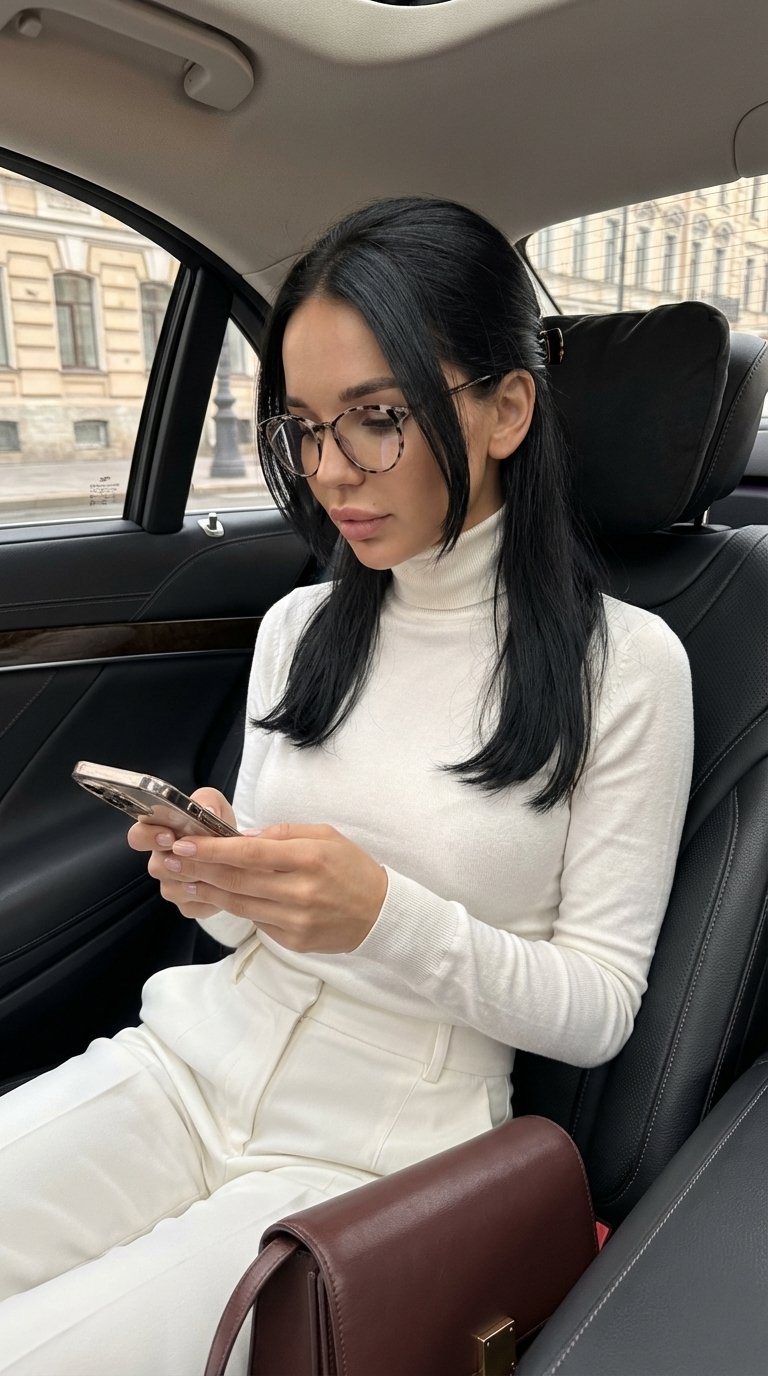 Use the face from my reference photo, preserve identity 100%, do not change face shape, nose, brows, lips, eye color, hair color or length. Ultra-realistic candid iPhone photo, dynamic non-flat angle, eye-level framing. A young woman sits in the back seat