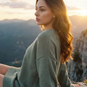 А girl seated on the tip of a narrow cliff above a vast green mountain valley under low clouds; wide shot, slightly low side angle; professional look, full-frame, 35mm lens, deep depth of field, soft overcast light, crisp detail, cool-green color grading.