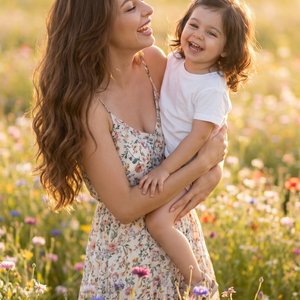 The image captures a tender moment between a woman and a young child in a sunlit field of wildflowers. The woman, with long, wavy brown hair, is joyfully holding the child in her arms. She wears a sundress adorned with a delicate floral pattern, which com