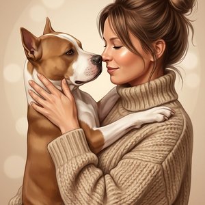 Фотореалистичная semi-realistic digital иллюстрация, 9:16, тёплая бежевая гамма.
❗️ABSOLUTE IDENTITY LOCK 1:1 — лицо без изменений.

Девушка в профиль держит питомца на руках, нос к носу, нежный момент.
Одна рука снизу, вторая на шее, лапы питомца свисают