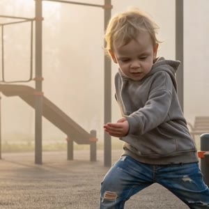 A 2-year-old boy with a photo. Keep the original face, features, expressions, age, proportions, posture, hairstyle, makeup, clothing, accessories, and overall style as is. Do not change, redraw, transform, add, or remove anything. Maintain a dynamic postu
