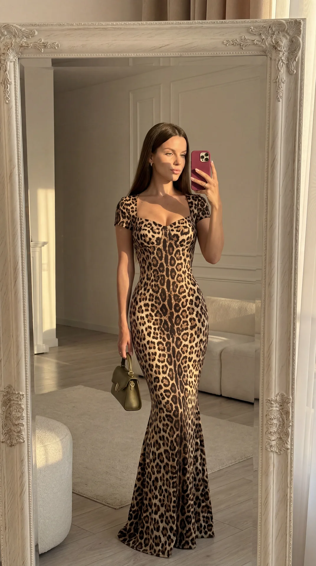 Сделай ультрареалистичное mirror selfie фото на iPhone в luxury feminine aesthetic. Используй моё лицо с загруженного фото, полностью сохрани мои натуральные черты лица и внешность без изменений. Не меняй форму глаз, губ, носа и лица. Фото должно выглядет