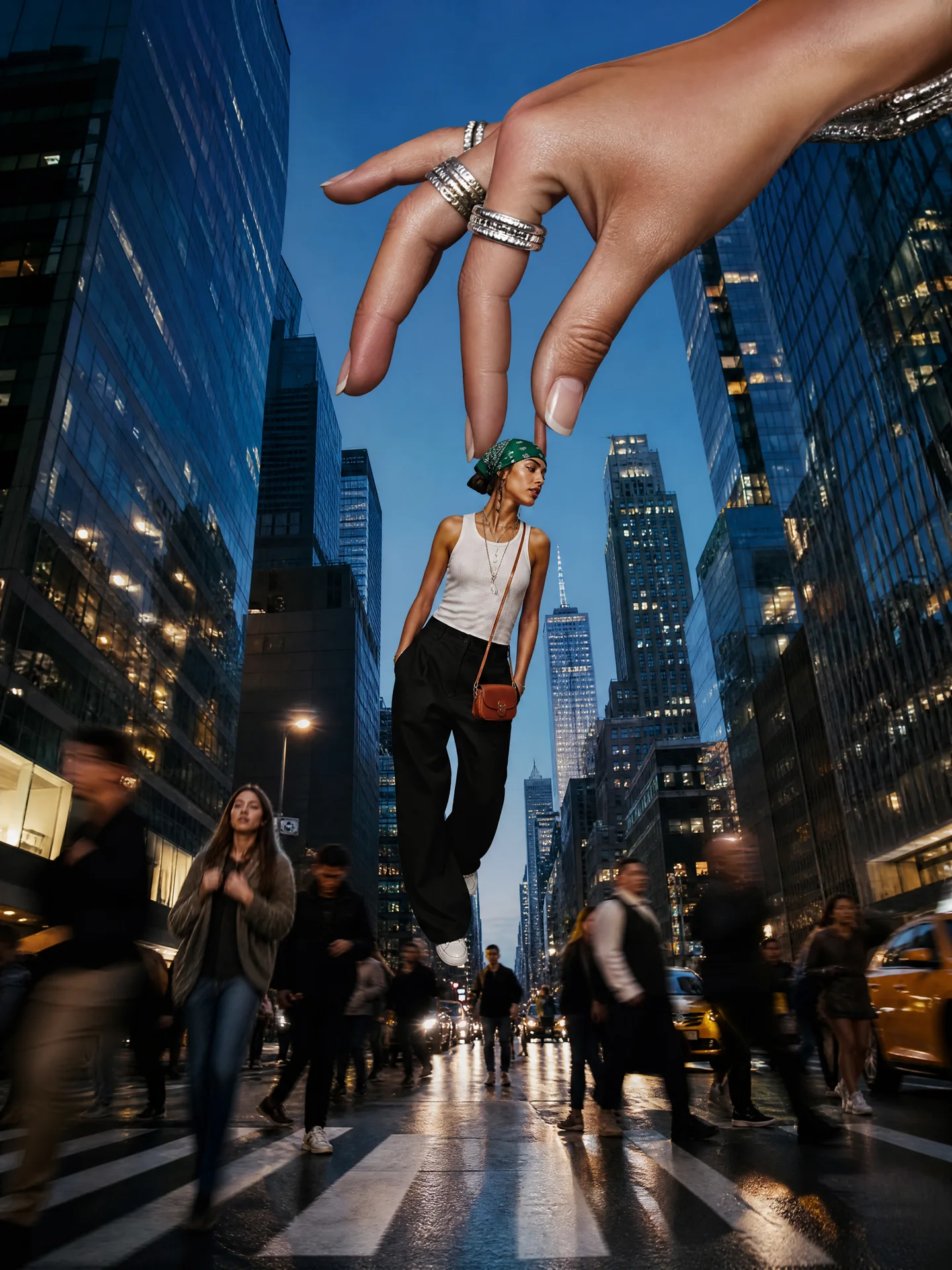 A surreal luxury fashion editorial on a busy Man