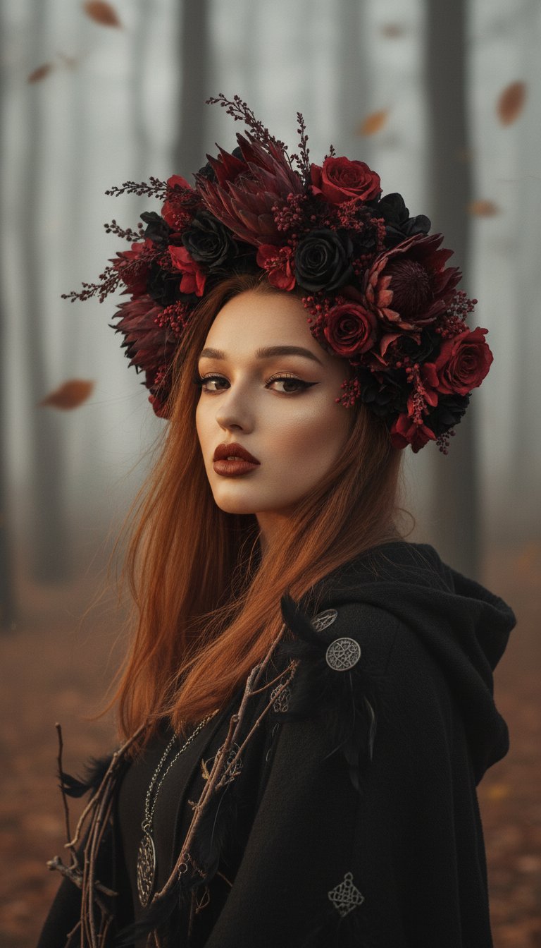@Kvitka_uk:Ultra-realistic portrait of a young Slavic woman, pale porcelain skin,
piercing expressive eyes with thick black smoky eyeliner and dark eyeshadow,
thick dark arched eyebrows, full lips with matte dark terracotta brick red lipstick,
long flowin