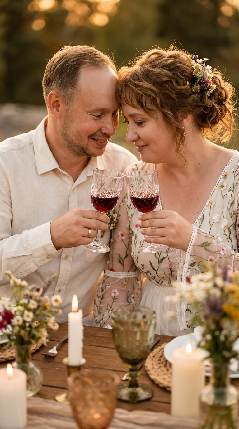 Close-up shot from a slightly elevated high angle of a romantic couple in elegant bohemian wedding attire during an intimate toast moment.

Strictly use the EXACT faces, head poses, expressions, skin texture, hair details, eye color, lip shape, proportion