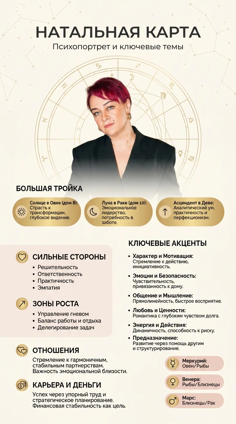 Создай чистую, современную инфографическую карточку «Натальная карта» для этого человека, используя загруженный портрет как центральный объект (100% сохранение лица и идентичности, та же девушка; фотореализм).

Формат: вертикальный постер 3:4.

Стиль: мин