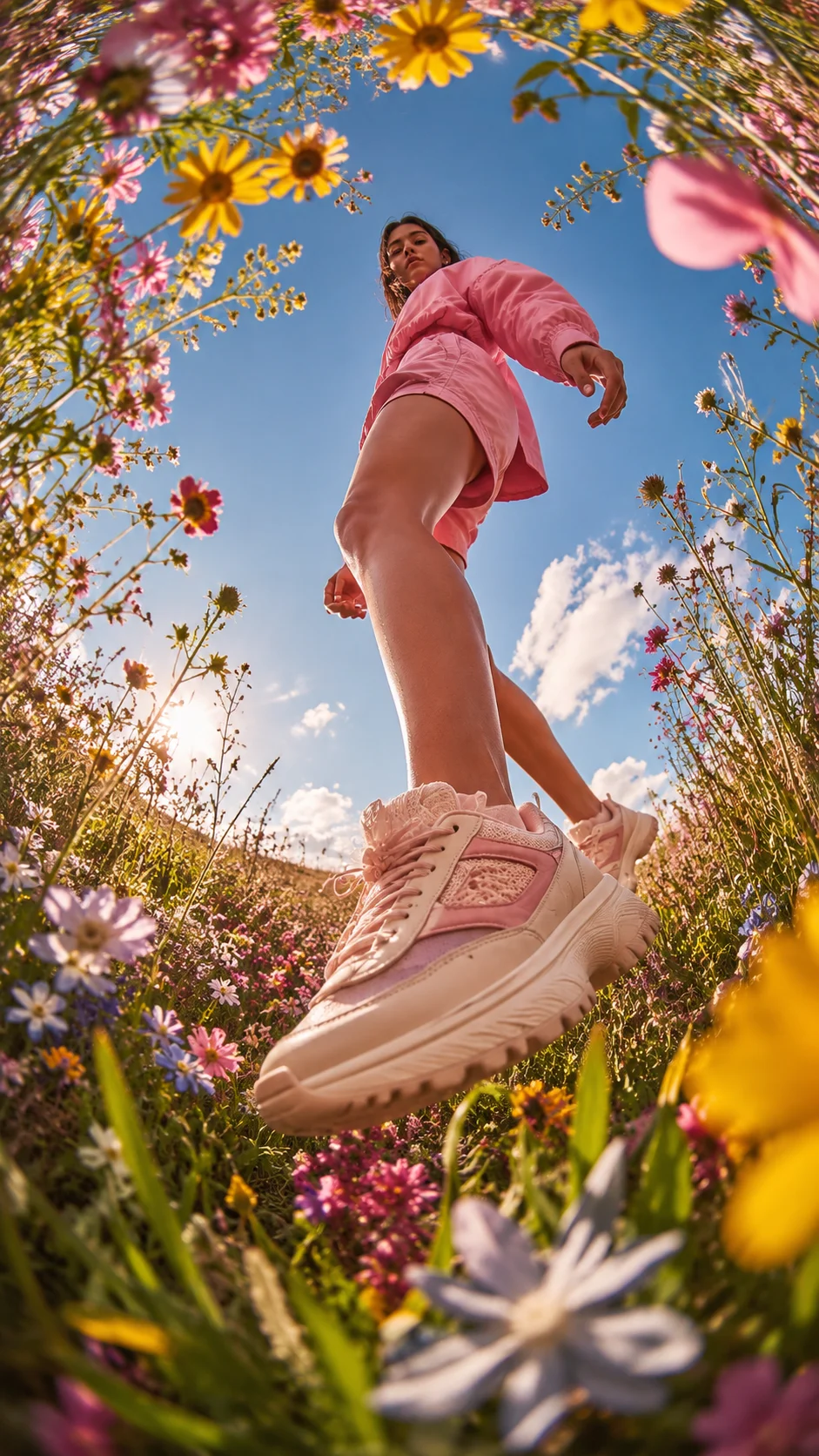 vibrant wildflower meadow, stylish fashion model