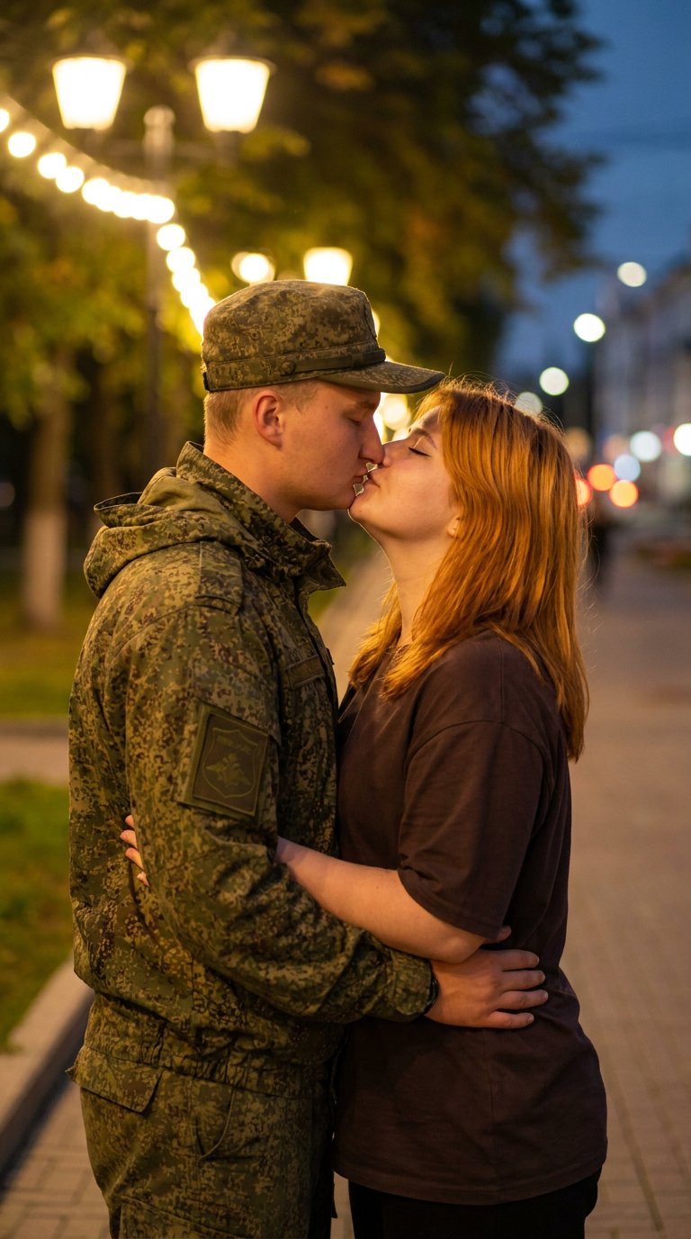 На фотографии должна быть изображена трогательная сцена нежной любви и эмоциональной близости. Молодой человек в военной форме, вероятно, в армейской форме, обнимает и целует девушку. Он стоит чуть слева, что добавляет фотографическому и атмосферному эффе