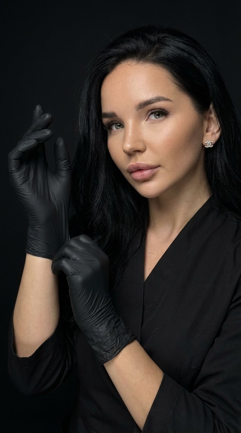 3.Create an image of the same female depilation master in a dark studio with a black background. She wears black professional clothing and black gloves, captured in a close-up moment as she pulls on one glove with precision, adjusting it before beginning 