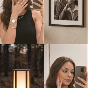 The image is a collage consisting of four distinct sections. 

1. **Top Left**: A person with long dark hair takes a mirror selfie. They are wearing a black sleeveless top, gold jewelry, and a watch. Their left hand, adorned with rings, partially covers t