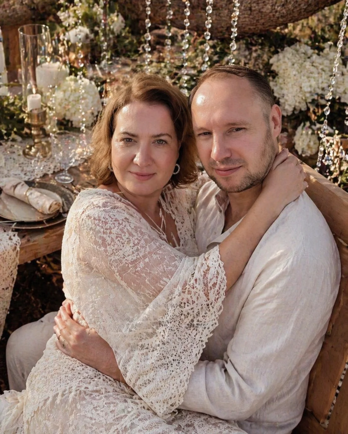 Close medium shot from a slightly elevated high angle, very intimate bohemian wedding portrait.

Strictly preserve the EXACT faces from the reference image — 100% identical features, skin texture, hair, expressions and proportions. Do not modify faces.

T