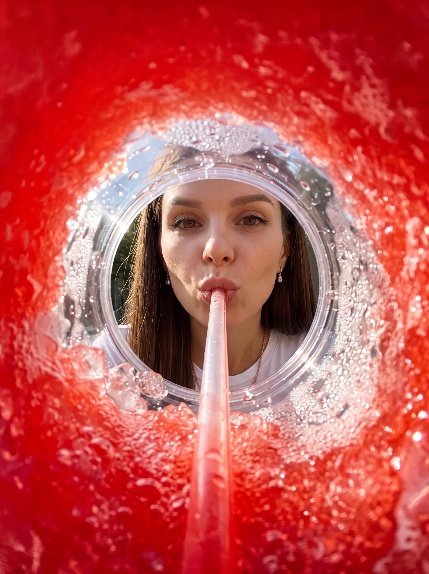 A woman drinking a bright slushy through a straw, viewed from an impossible non-human camera angle placed inside the drink cup. The camera sits at the bottom of the cup submerged in the icy slush, with wet translucent red ice, foamy bubbles, glossy frozen