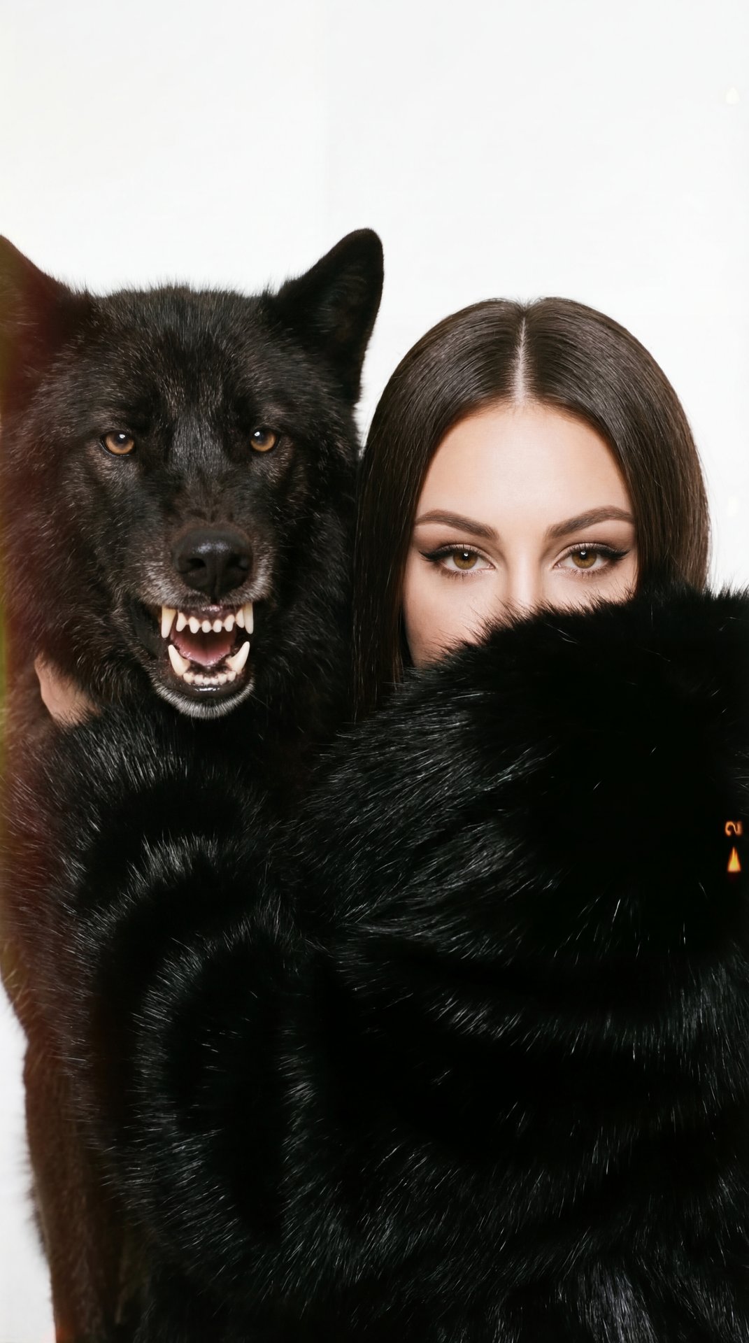 A girl is positioned closely alongside a large black wolf with its mouth open in a fierce snarl, revealing sharp teeth and textured gums. Her face is partially obscured by the thick, dark fur of what appears to be a luxurious black fur coat or stole that 