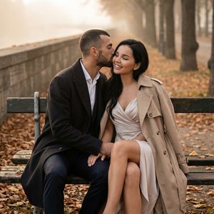 Использовать входящее фото только как источник лиц, кожи, волос и пропорций людей. Полностью и строго воссоздать сцену как в референсе без изменений. Вертикальный формат 9:16, фотореализм. Романтическая кинематографичная fashion-сцена в осеннем европейско