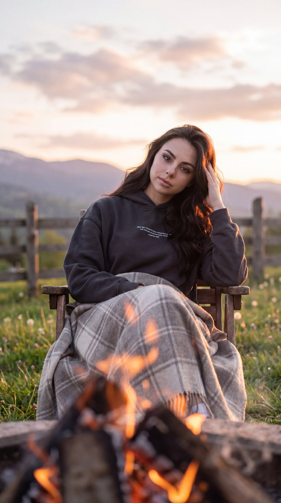 Hyper-realistic authentic raw photograph, completely indistinguishable from reality, unretouched lifestyle capture, zero CGI look. Beautiful spring sunset at a mountain cabin yard; warm campfire with glowing embers in the soft-focus foreground; subject se