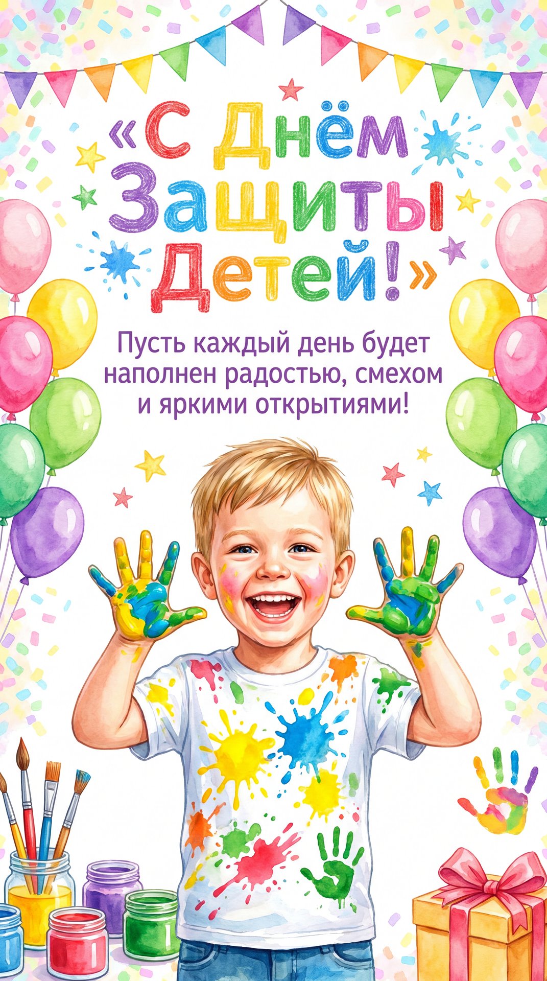 Яркая праздничная открытка ко Дню защиты детей. В центре — счастливый улыбающийся мальчик лет 4 с короткими светлыми волосами, поднявший обе ладошки, испачканные разноцветными красками (жёлтой, синей, зелёной). Его белая футболка тоже забрызгана яркими кр