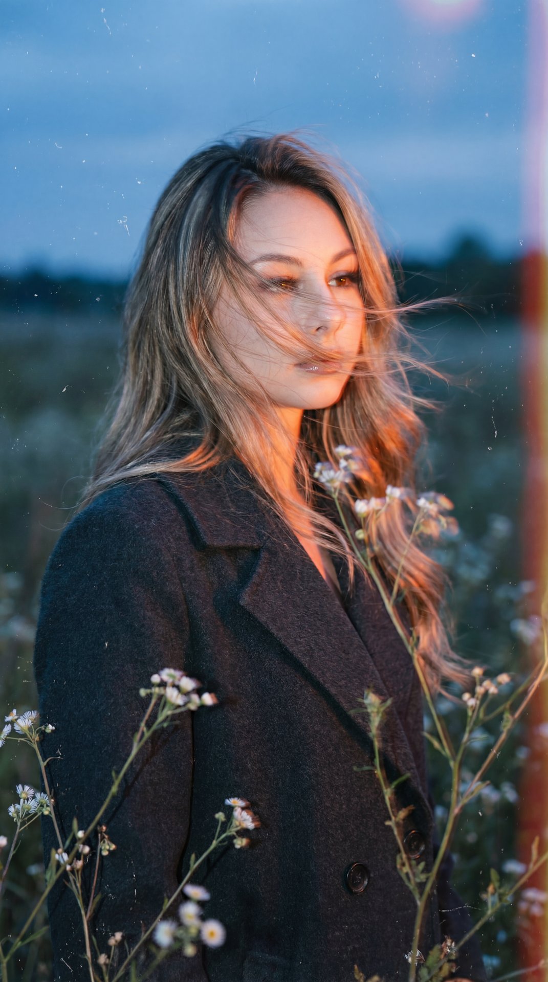 Create image: use the attached image as the main facial reference with high precision while preserving exact facial structure, recognizable identity, facial proportions, and natural asymmetry.

A female subject wearing a dark charcoal wool coat stands alo