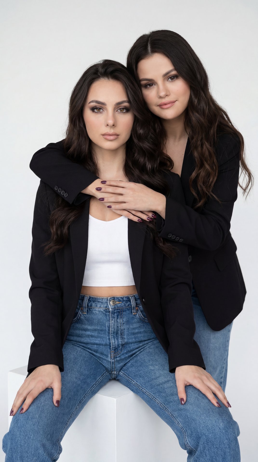 Two women in a minimal white studio, professional portrait, medium shot, eye-level straight-on; front subject seated on a white cube, knees slightly apart, hands relaxed on thighs, serene closed-lip expression, direct gaze; rear subject close behind, lean