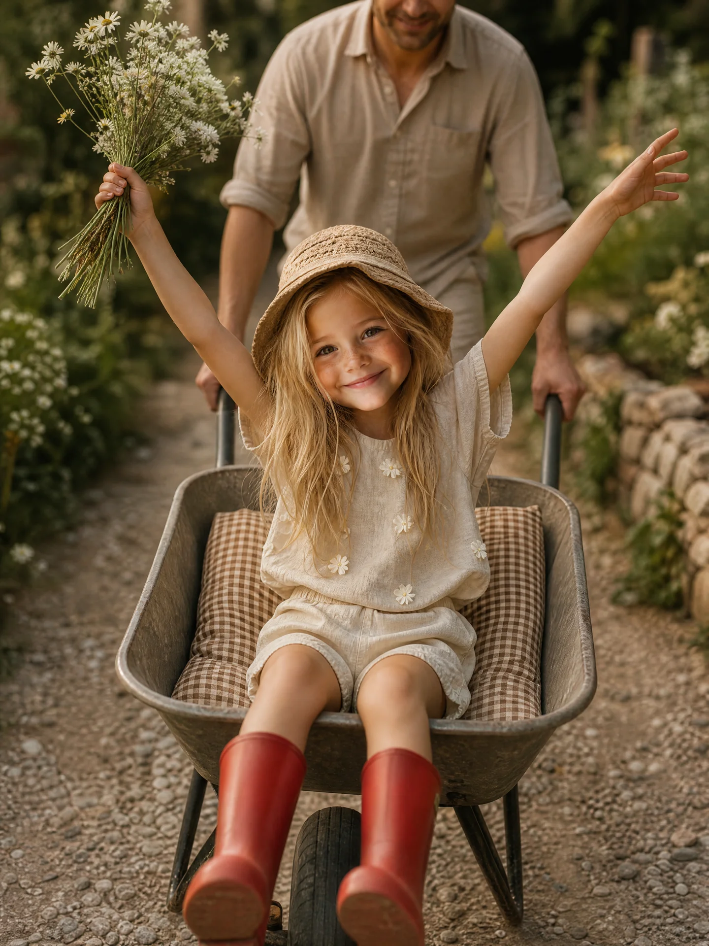 Cinematic cottagecore portrait, young girl wearing beige linen top and shorts set with white flower appliques, straw cloche hat, bright red rubber rain boots, sitting in a metal wheelbarrow with a brown gingham cushion, raising arms joyfully, holding fiel