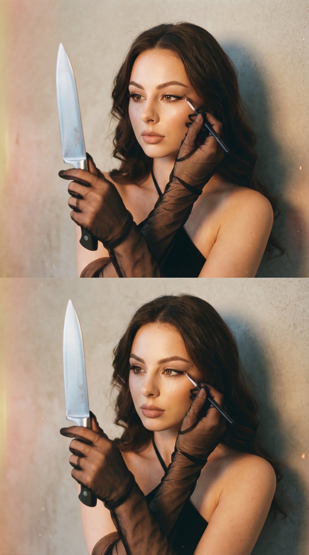 The image features a person seen in two nearly identical poses, one above the other. They are wearing sheer black gloves that extend up their arms, adding a touch of elegance and mystery. The person holds a knife delicately, using the reflective surface a