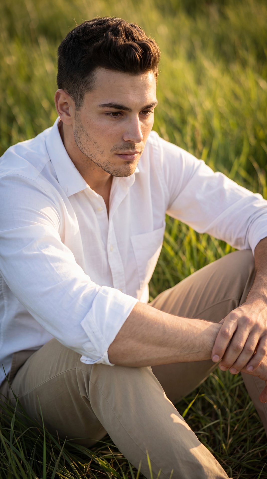 Professional photo, portrait orientation, medium shot from a slightly high three-quarter angle; subject seated in tall green grass at golden hour, off-center (rule of thirds). Pose: sitting with knees drawn up; forearms resting across the knees; hands rel