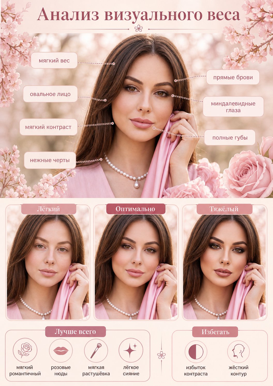 Create a visual weight analysis graphic using this photos. Feature side-by-side comparisons to determine what makeup best suits the subject, and showcase their feature characteristics. The graphic should be visual-first, using only short labels with no pa