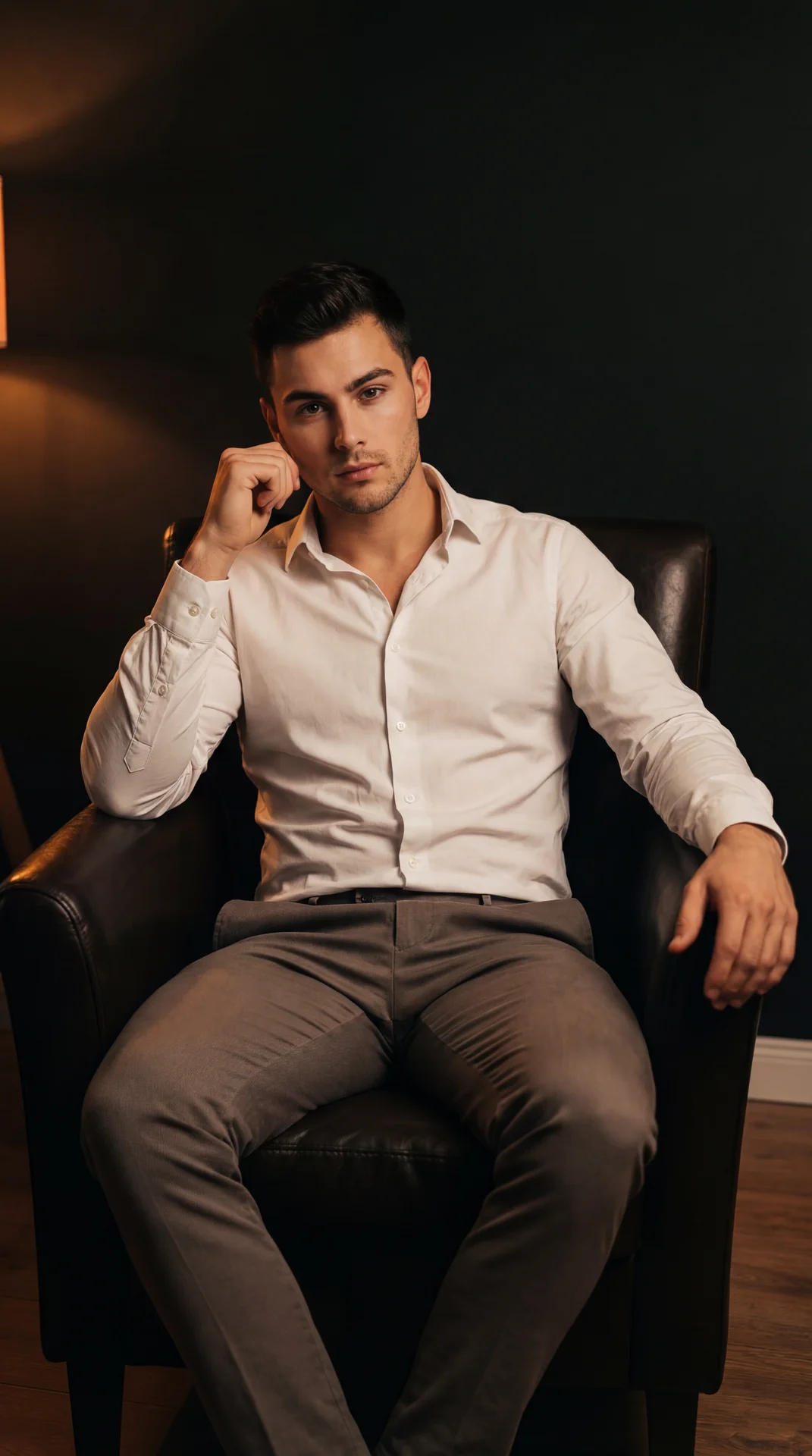 Moody low-key portrait in a dark interior: subject seated deep in a dark leather armchair, torso slightly angled to camera; left elbow braced on the armrest, left hand in a loose fist with knuckles gently touching the side of the face near the cheek; righ