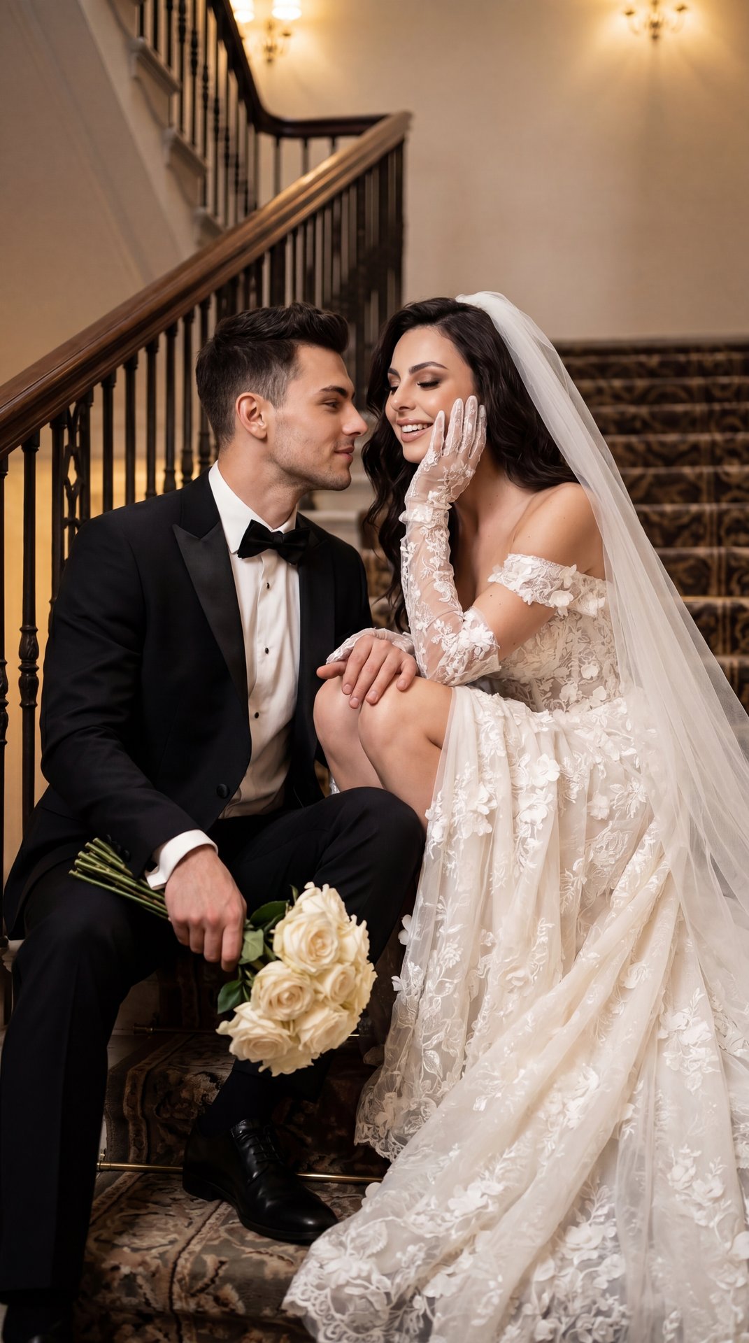 Professional cinematic wedding photo, medium shot, three-quarter framing, slight low angle from camera right, 85mm f/1.8, shallow depth of field, warm tungsten color grade, soft side/back lighting, gentle vignette, subtle film grain, creamy bokeh; grand i