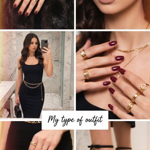 The image is a collage featuring several elements of a chic and elegant outfit.

1. **Top Left**: A close-up of hands adorned with multiple gold rings and a bracelet, against a fur or faux fur background, creating a luxurious feel.

2. **Top Right**: A cl