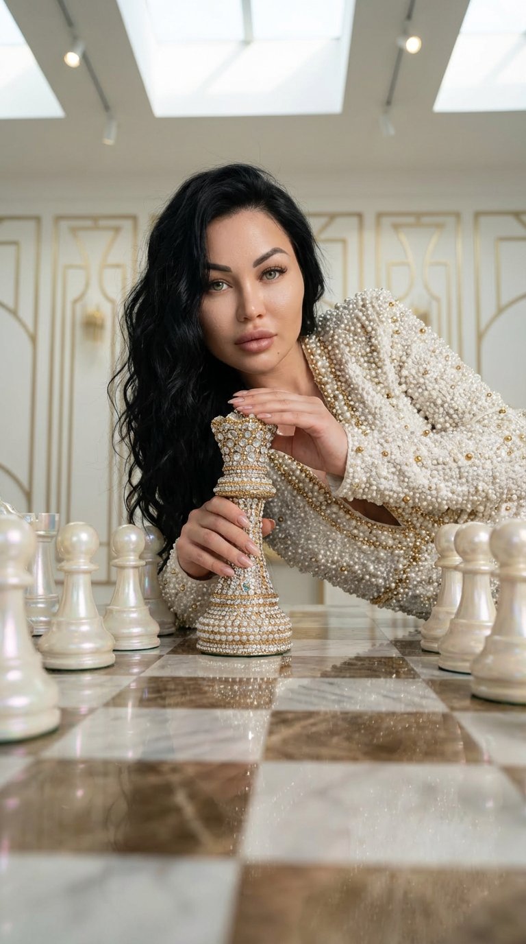 Portrait photography. A beautiful woman with long,hair. She poses confidently is lying on grand chessboard made of polished marble, surrounded by oversized pearlescent chess pieces. She wears an opulent white dress  completely covered in small white and g
