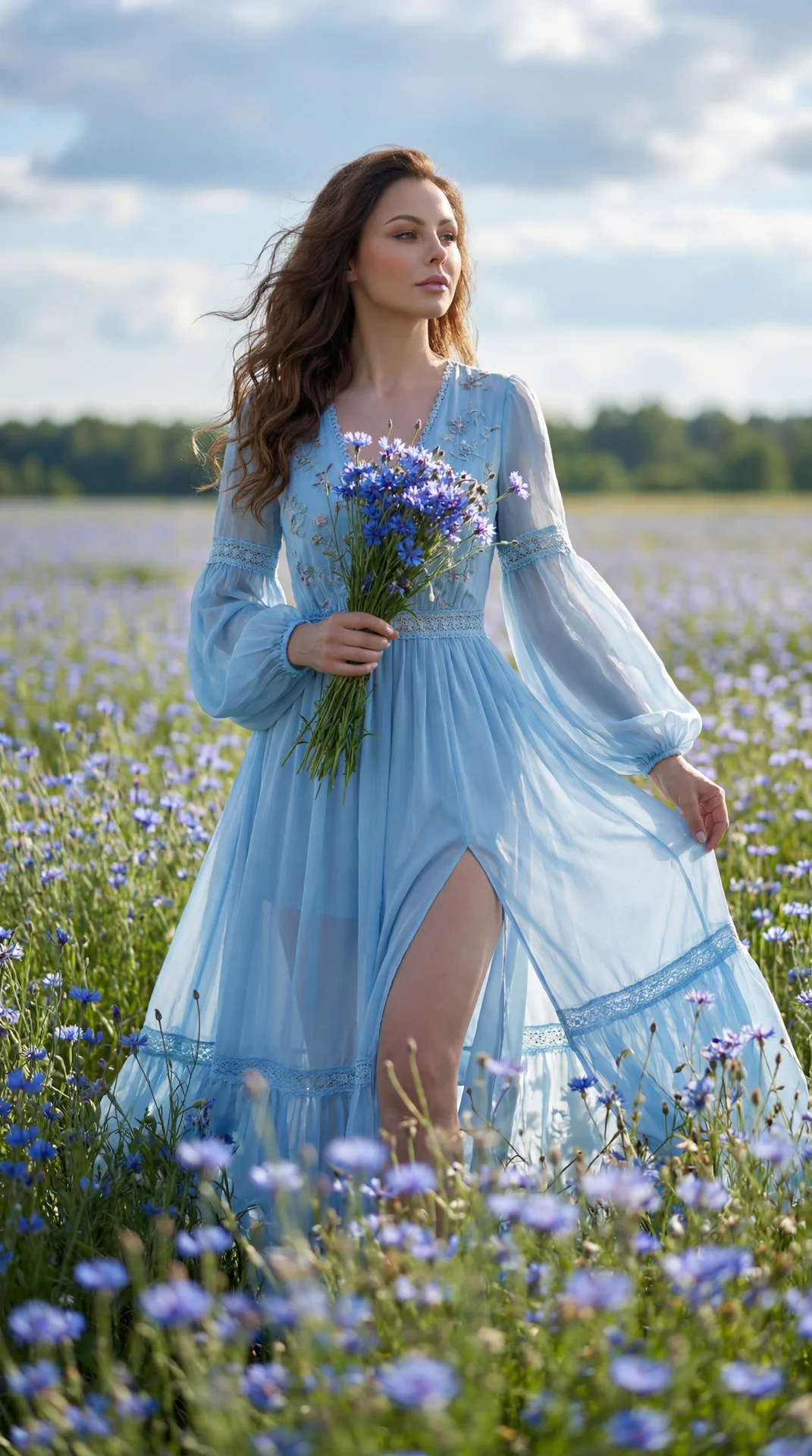 An ultra-realistic full-length fashion portrait of a beautiful young, slender woman with long, wavy hair, walking through a vast field of blooming blue wildflowers in natural daylight. The photograph is taken from a slightly low angle, creating a cinemati