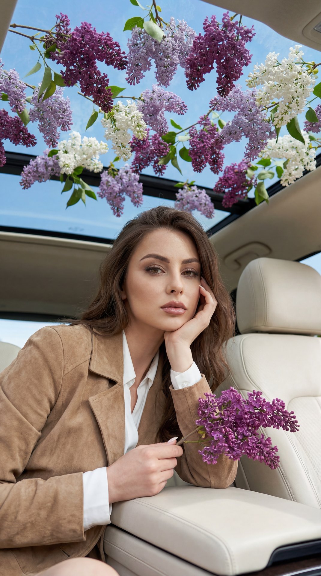 Fujifilm GFX 100, 100mm lens, depth of field, subsurface scattering, soft morning light, Tyndall effect, hyper-detailed iris, unedited RAW photo 8k resolution.
A medium close-up portrait of a young woman sitting alone in a car with a slightly open panoram