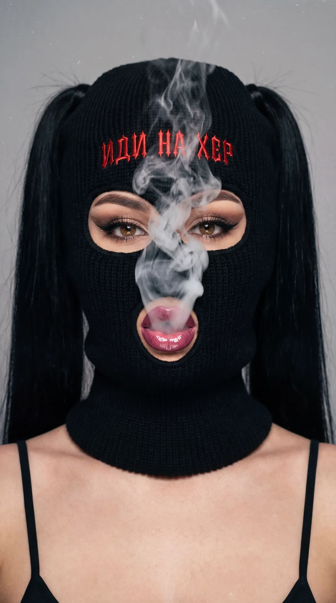 A girl captured in a close-up, high-quality professional studio portrait. She is positioned directly facing the camera in a bust-length shot. Her hands are not visible in the frame; the focus is entirely on her head and shoulders. She is blowing a cloud o