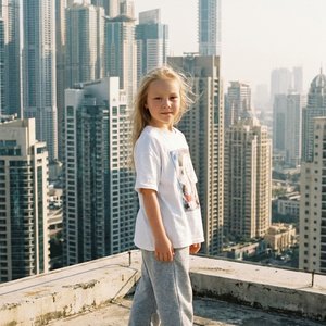 Фотореалистичное изображение: девочка 7 лет, внешность и черты лица максимально соответствуют исходному фото-референсу, стоит на крыше многоэтажного здания днём при солнечной погоде. На ней широкие серые спортивные штаны, белая оверсайз майка с принтом, б