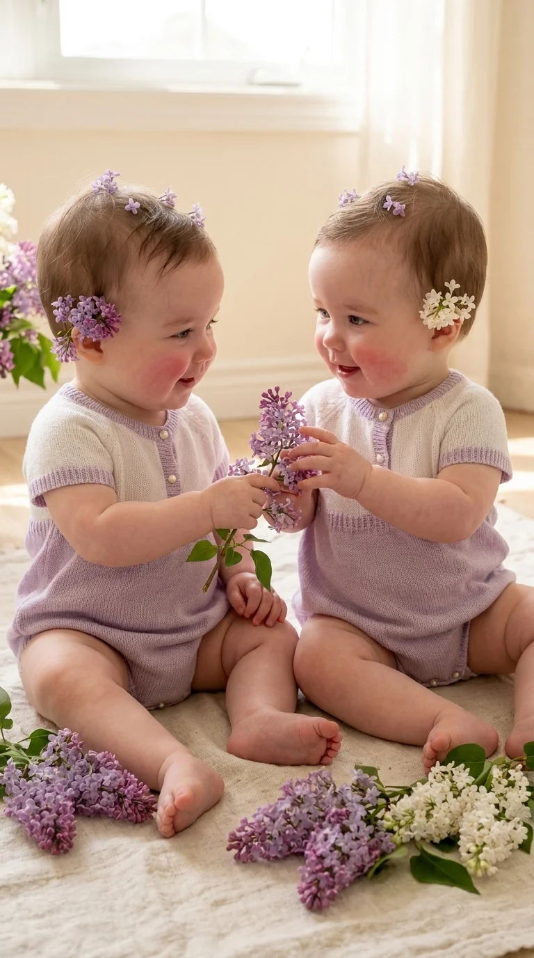 Ultra-realistic professional photo of two identical twin baby girls, 8 months old. They are sitting on a soft cream linen rug, wearing matching beautiful knitted bodysuit dresses in pale lilac and white with tiny pearl buttons. Fresh lilac flowers (syring