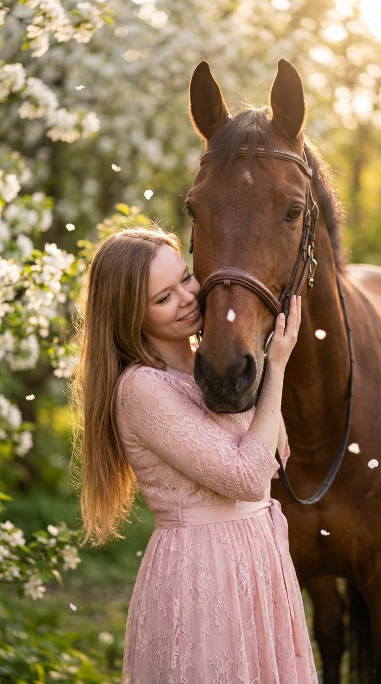 Ultra-realistic cinematic photography of a young woman with long straight light brown hair. She is wearing a soft pink lace dress with a delicate ribbon belt. She is standing in a tender embrace with a majestic brown bay horse, gently resting her cheek ag