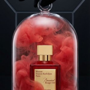 A futuristic scene with the Baccarat Rouge 549 perfume placed under a transparent glass dome. The dome stands on a transparent circular base, creating an isolation effect. A thick red smoke rises smoothly around the perfume bottle, remaining within the do