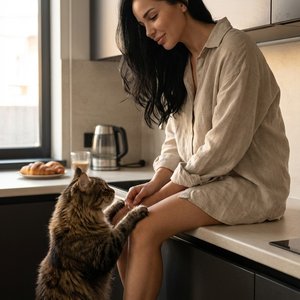 Уютное утро на кухне. Девушка сидит на столешнице, слегка наклонившись вперёд, с мягкой полуулыбкой смотрит вниз на кота. Кот мэйнкун встаёт на задние лапы и тянется к её ноге. Момент живой, тёплый, естественный — без  постановки.
Внешность
Строго сохрани