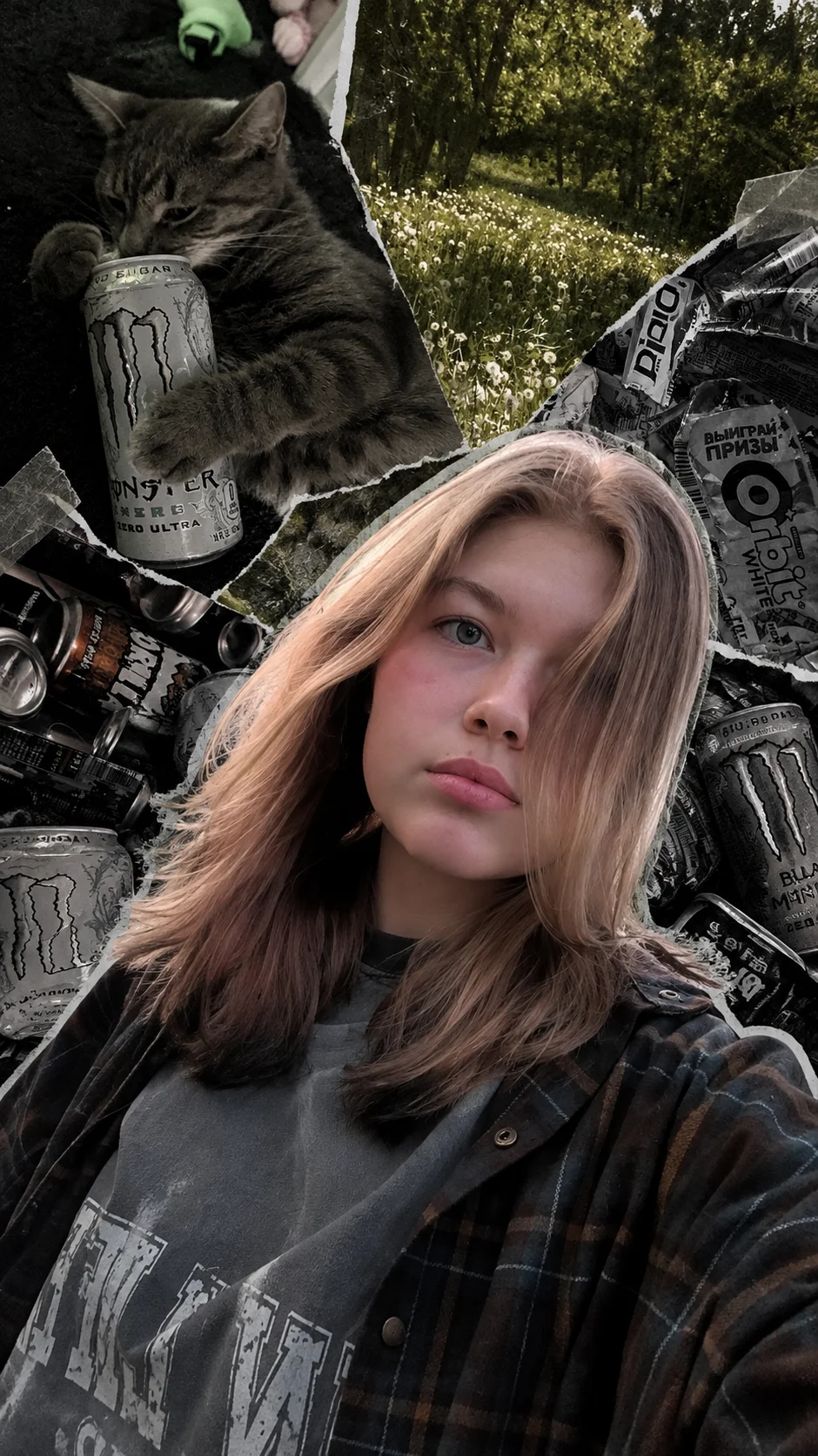 Create a collage so that the photos overlap each other. The first photo should be of a person without a background. And add all the others at the back.