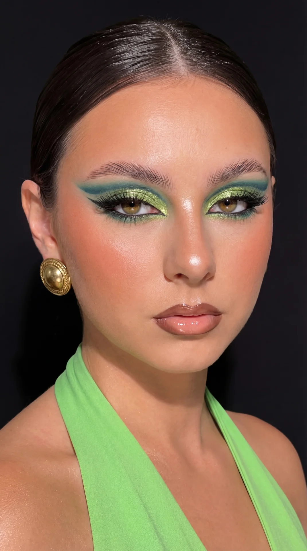 A girl captured in a high-end, close-up beauty editorial portrait having a glossy, high-fashion aesthetic.

Pose and Angle: The framing is a tight close-up of the face and upper shoulders. Her body is turned partly sideways, but her head is turned to face