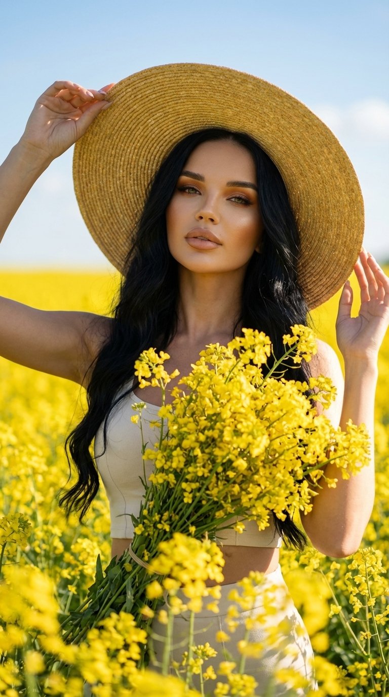 Фотореалистичная fashion-съёмка в поле жёлтых цветов (рапсовое поле), девушка стоит среди цветов, кадр по пояс, корпус слегка повернут, одной рукой придерживает широкополую соломенную шляпу, вторая рука поднята, уверенная элегантная поза и взгляд в камеру