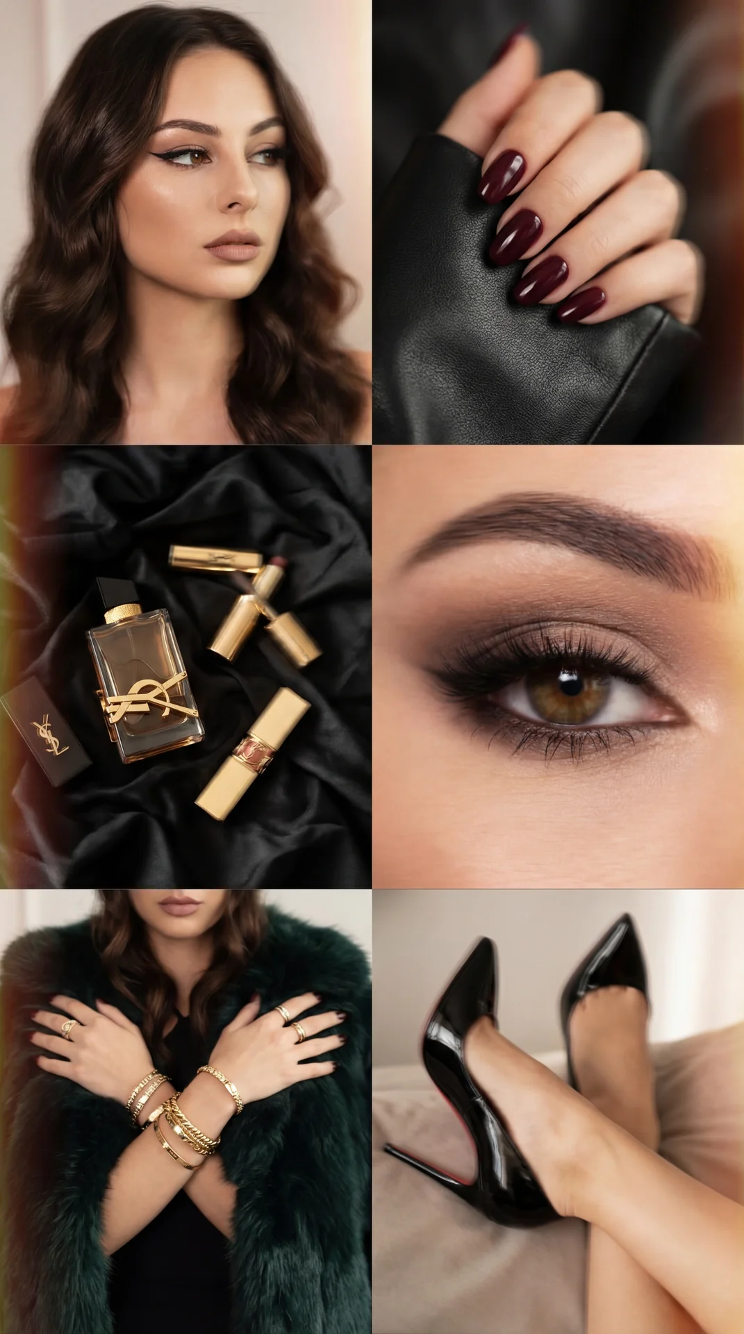 This image is a collage of six different sections, each illustrating elements of luxury and glamour.

1. **Top Left**: A woman with striking makeup looks off to the side. Her eyes are accentuated with dramatic eyeliner and shadow, and her lips are outline