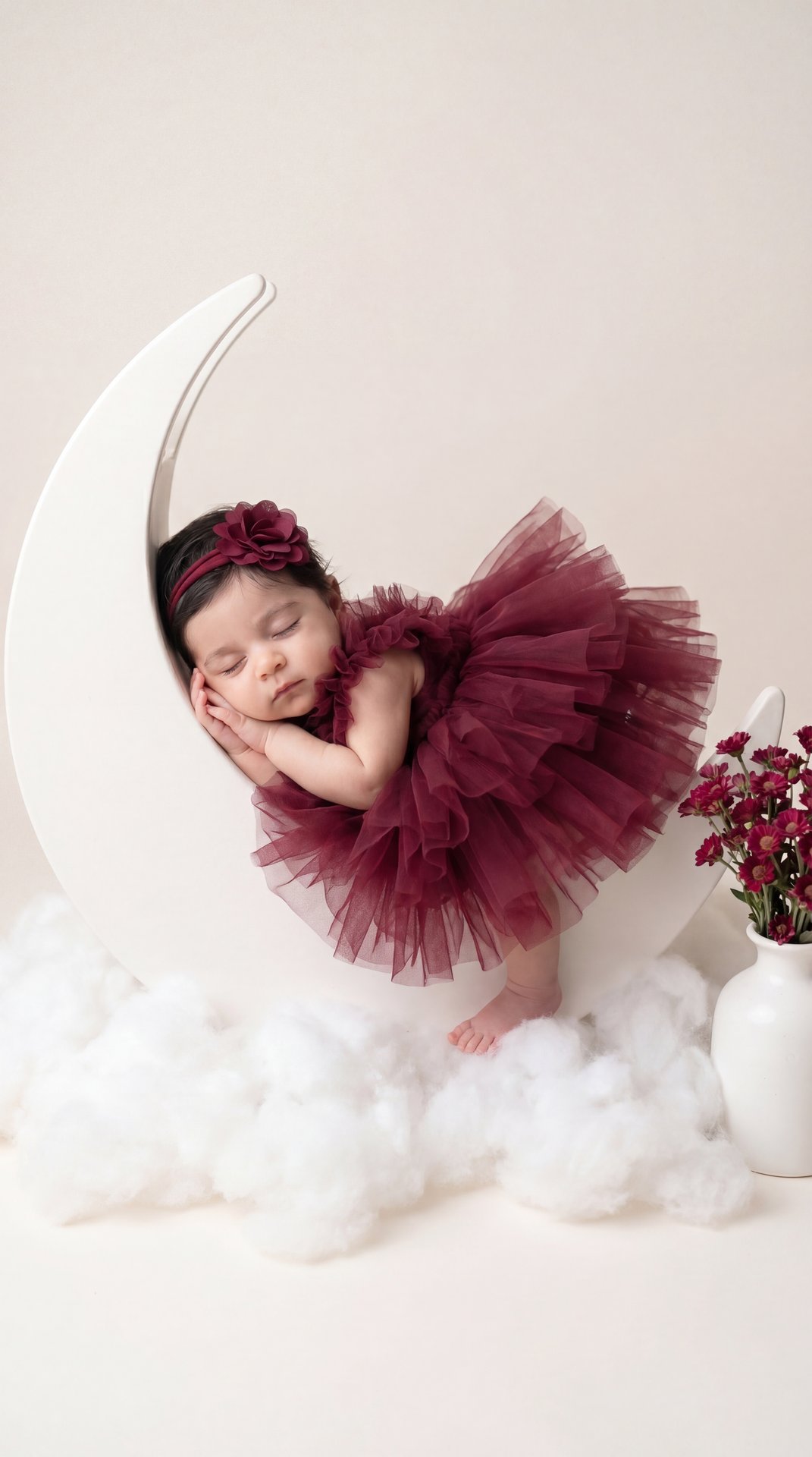 Professional studio newborn portrait, portrait orientation, full-body shot, slightly high angle, straight-on framing; sleeping baby on a matte white crescent-moon prop; side-lying fetal curl; head gently tilted forward to the left, eyes closed facing left