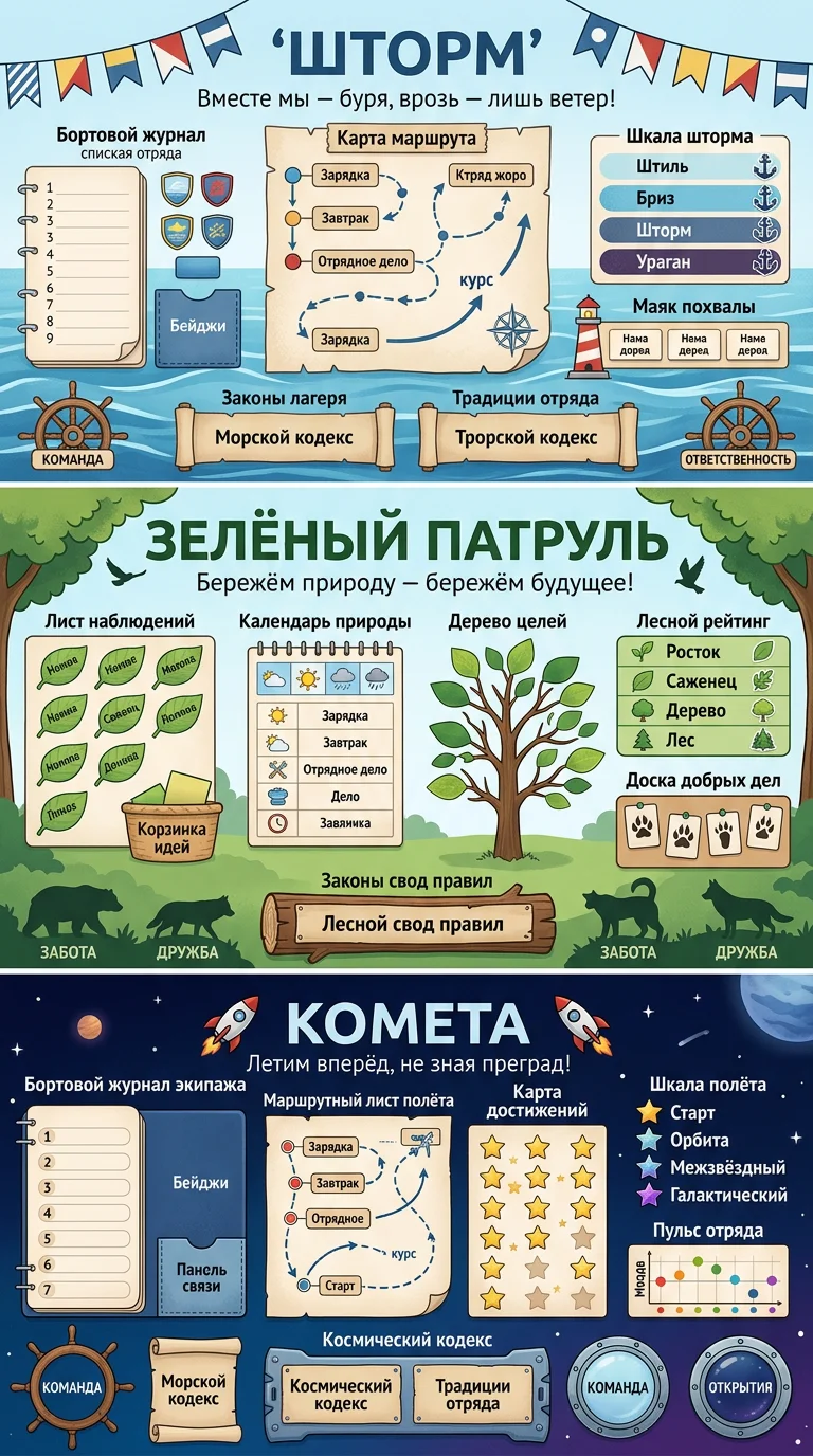 Поскольку задание предполагает создание визуальных эскизов (которые я технически не могу нарисовать), дам подробные текстовые макеты‑схемы для трёх отрядных уголков — их легко перенести на бумагу или в графический редактор. Для каждого варианта указано ме